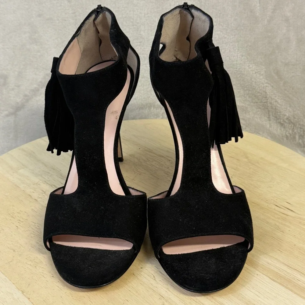 Kate Spade Sala Black Suede T-Strap Tassel Heels Sandals 10 M Made in Italy
